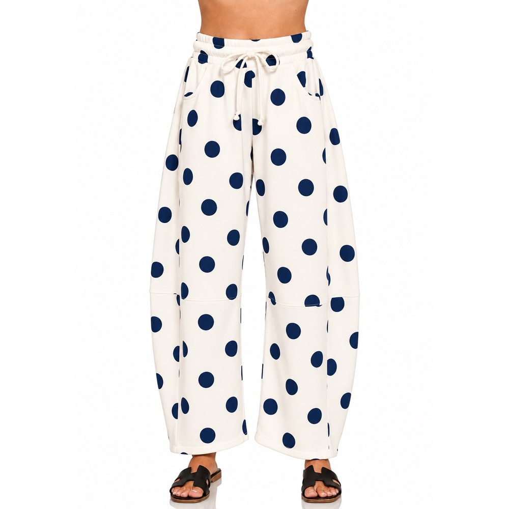 E340. New Zenana Fleece Polka Dot Wide Leg Pants White Navy Blue Barrels